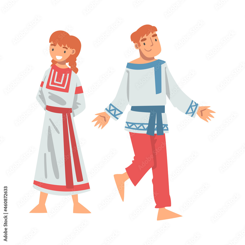 Slav or Slavonian Man and Woman Character in Ethnic Clothing Vector Illustration