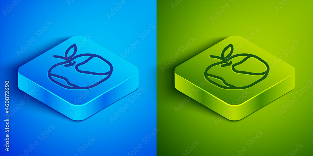 Isometric line Apple icon isolated on blue and green background. Excess weight. Healthy diet menu. Fitness diet apple. Square button. Vector Isometric line Apple icon isolated on blue and green background. Excess weight. Healthy diet menu. Fitness diet apple. Square button. Vector
