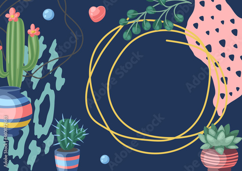 Background with cactuses and succulents. Decorative spiky flowering cacti and plants in flowerpots.