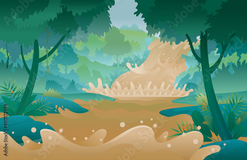 Flash Flood, Flowing Wild Water Forest Background, Natural Disaster