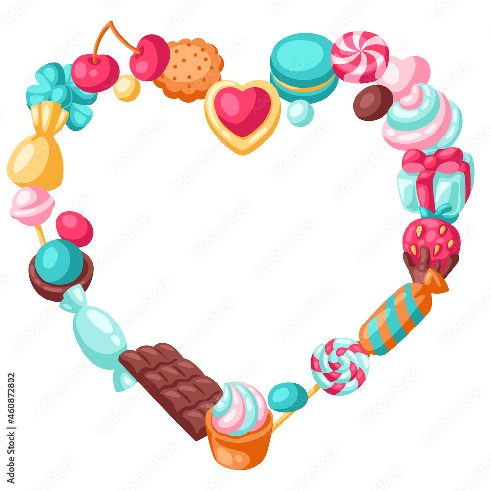 Frame with various candies and sweets. Confectionery or bakery stylized illustration. Frame with various candies and sweets. Confectionery or bakery stylized illustration.