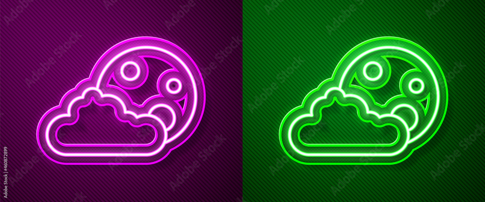 Glowing neon line Moon and stars icon isolated on purple and green background. Cloudy night sign. Sleep dreams symbol. Full moon. Night or bed time sign. Vector