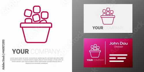 Logotype line Ice bucket filled with ice cubes icon isolated on white background. Logo design template element. Vector