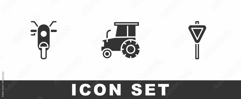 Set Scooter, Tractor and Road traffic signpost icon. Vector Set Scooter, Tractor and Road traffic signpost icon. Vector