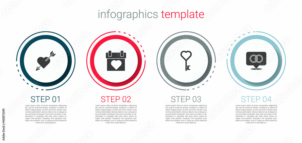 Set Amour with heart and arrow, Calendar, Key in shape and Wedding rings. Business infographic template. Vector Set Amour with heart and arrow, Calendar, Key in shape and Wedding rings. Business infographic template. Vector