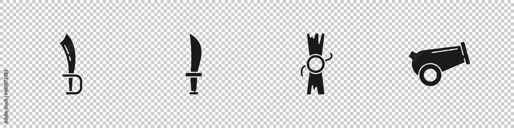 Set Pirate sword, , Decree, parchment, scroll and Cannon icon. Vector Set Pirate sword, , Decree, parchment, scroll and Cannon icon. Vector