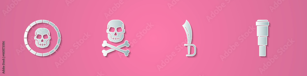 Set paper cut Pirate coin, Skull on crossbones, sword and Spyglass telescope lens icon. Paper art style. Vector Set paper cut Pirate coin, Skull on crossbones, sword and Spyglass telescope lens icon. Paper art style. Vector