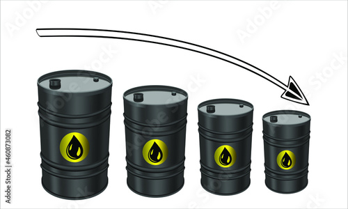 Crude Oil Economy  - Oil Barrels  On White Background, down Trend. Black oil barrel with black arrow going down. Oil price fall concept. Vector illustration as EPS 10