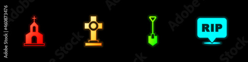 Set Church building, Grave with cross, Shovel and Speech bubble rip death icon. Vector