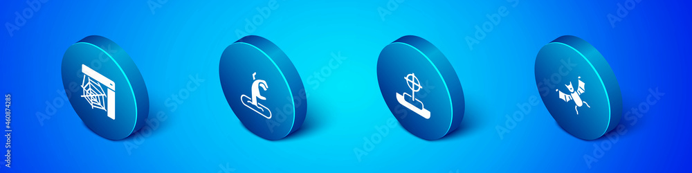 Set Isometric Spider web, Tombstone with cross, Flying bat and Zombie hand icon. Vector Set Isometric Spider web, Tombstone with cross, Flying bat and Zombie hand icon. Vector