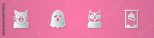Set paper cut Cat, Ghost, Owl bird and Guillotine icon. Paper art style. Vector