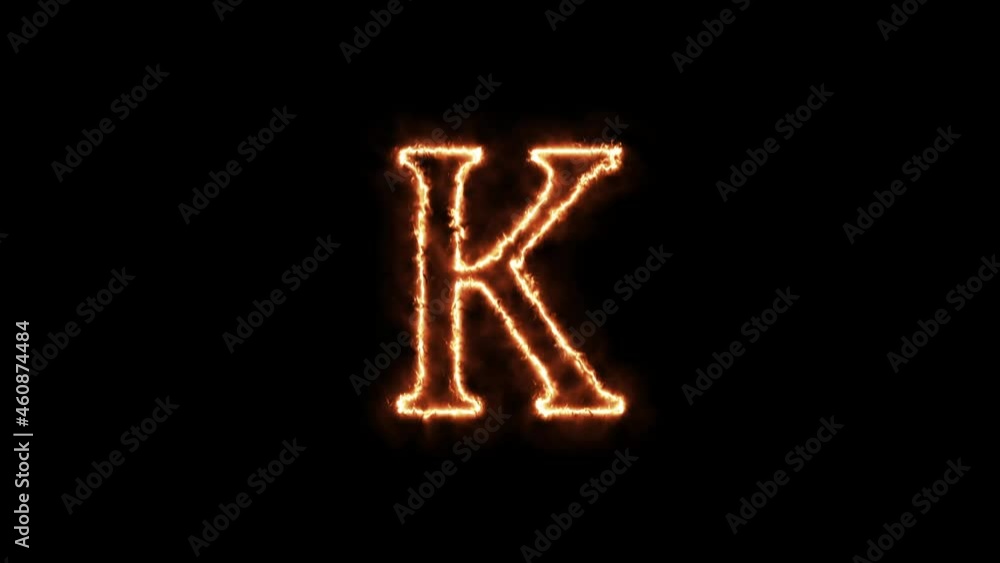 Fiery letter K. Animation on a black background a letter burning in a flame 4k video.