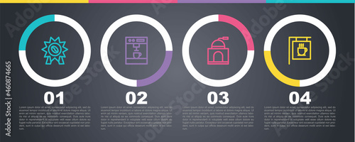 Set line Medal for coffee, Coffee machine, Manual grinder and Street signboard. Business infographic template. Vector