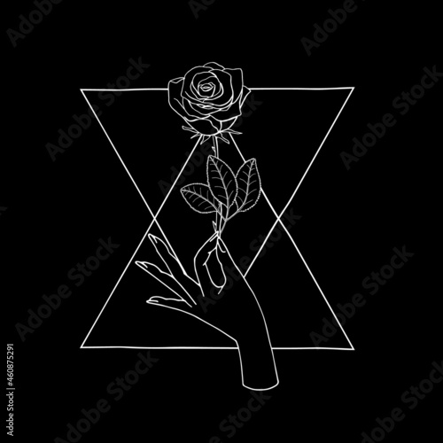 Vintage Boho Mystic Hand holding rose flower drawing on triangle shape background.