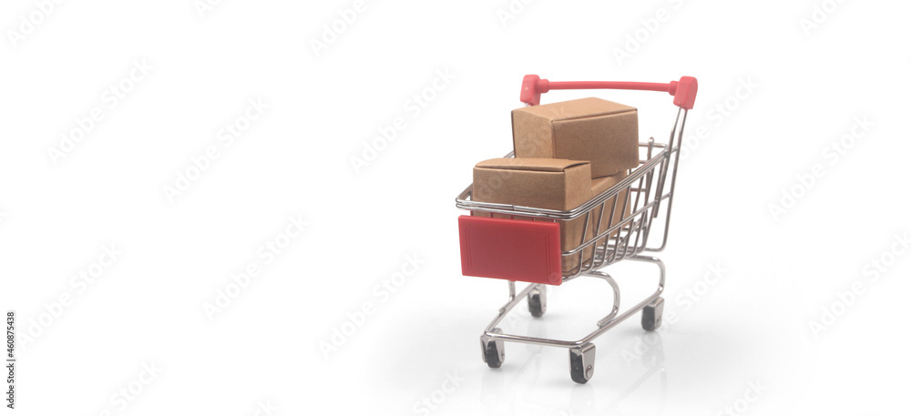 Toy shopping cart with boxes shopping and delivery concept