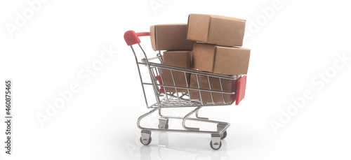 Toy shopping cart with boxes shopping and delivery concept