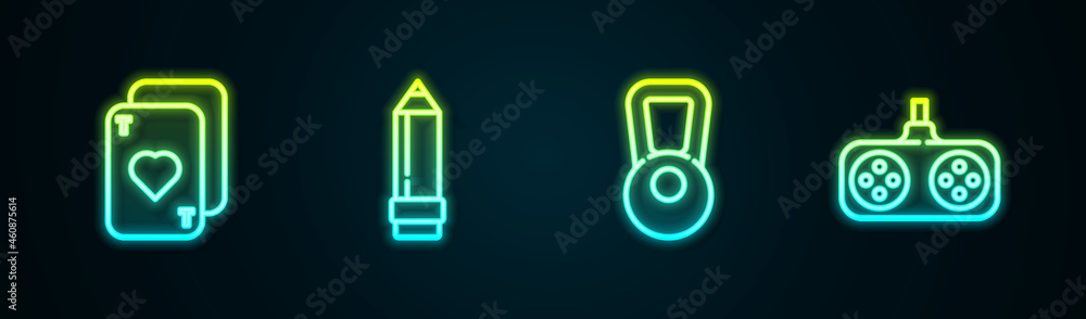 Set line Playing cards, Pencil with eraser, Kettlebell and Gamepad. Glowing neon icon. Vector Set line Playing cards, Pencil with eraser, Kettlebell and Gamepad. Glowing neon icon. Vector