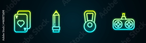 Set line Playing cards, Pencil with eraser, Kettlebell and Gamepad. Glowing neon icon. Vector