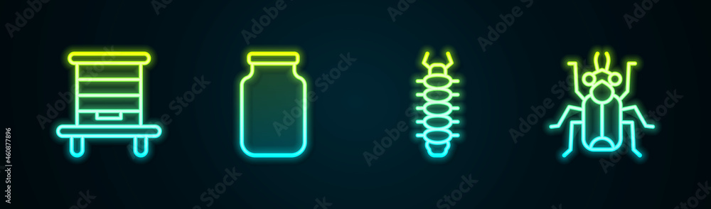 Set line Hive for bees, Glass jar, Centipede and Beetle bug. Glowing neon icon. Vector Set line Hive for bees, Glass jar, Centipede and Beetle bug. Glowing neon icon. Vector