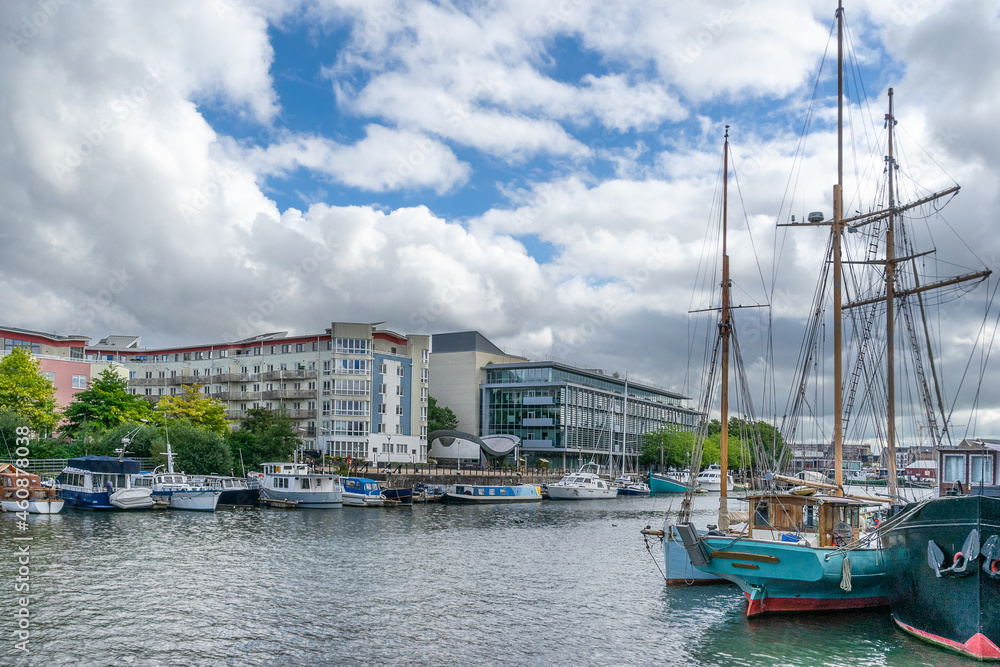Looking across floating harbour to Brunel Quay in Bristol england