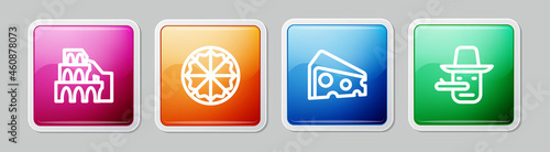 Set line Coliseum in Rome, Pizza, Cheese and Pinocchio. Colorful square button. Vector