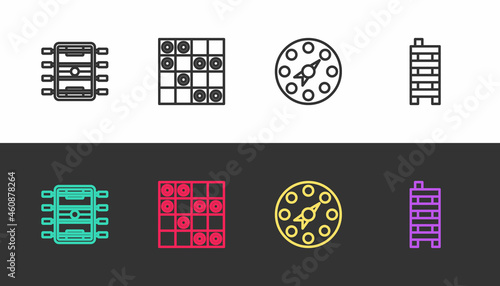 Set line Hockey table, Board game of checkers, Twister and Mahjong pieces on black and white. Vector