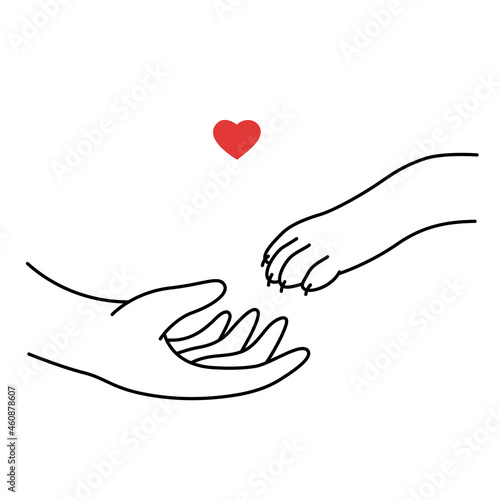Man gives his hand to the dog paw. Black and white vector illustration