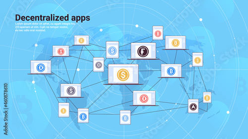decentralized apps on laptop screens cryptocurrency and blockchain technology concept horizontal