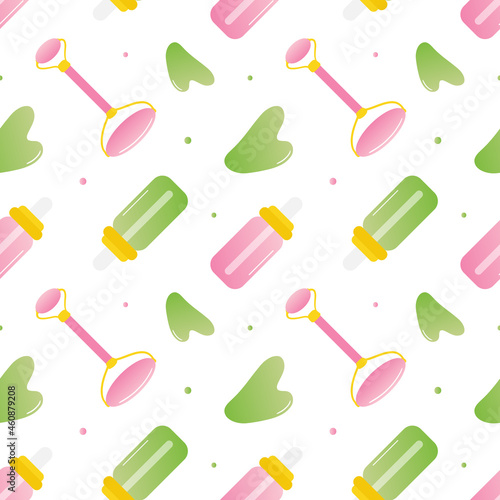 Jade stone and pink quartz gua sha rollers, beauty tools with bottles of oil vector seamless pattern background for massage treatment and beauty design.