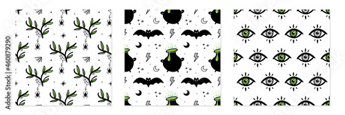 Set, collection of three vector seamless pattern backgrounds for Halloween, witchcraft and magic design.
