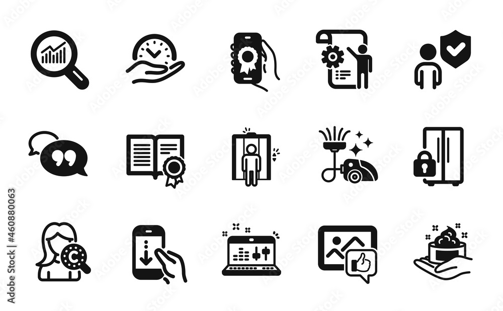 Vector set of Data analysis, Like photo and Diploma icons simple set. Settings blueprint, Scroll down and Safe time icons. Security, Vacuum cleaner and Refrigerator signs. Vector Vector set of Data analysis, Like photo and Diploma icons simple set. Settings blueprint, Scroll down and Safe time icons. Security, Vacuum cleaner and Refrigerator signs. Vector