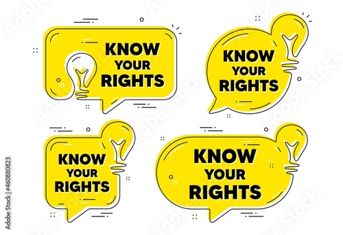 Know your rights message. Idea yellow chat bubbles. Demonstration protest quote. Revolution activist slogan. Know your rights chat message banners. Idea lightbulb balloons. Vector