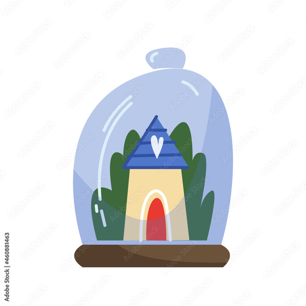 Glass flask with a cozy winter house and a green forest. Cute vector Christmas illustration of a snow globe in cartoon childish style.