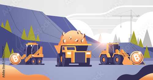 heavy trucks mining transport with bitcoins golden coin digital money production cryptocurrency blockchain