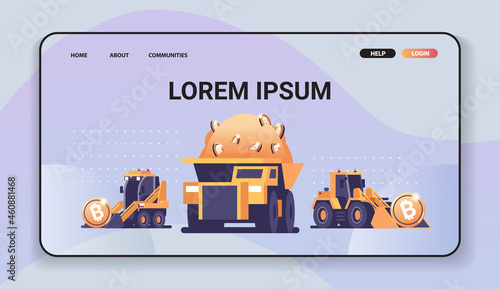 heavy trucks mining transport with bitcoins golden coin digital money production cryptocurrency blockchain
