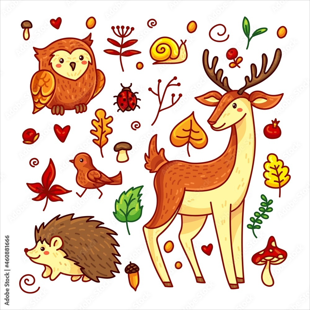 Obraz premium Cartoon autumn forest animals set. Bundle - deer, owl, bird, hedgehog, snail, mushrooms, leaves, branches, berries and ladybug for kids. Vector illustration, elements isolated on white background.