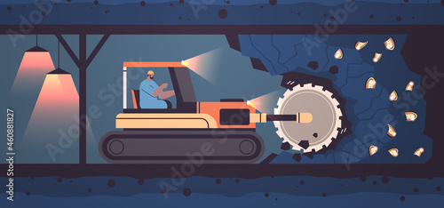 excavator with rotating cutting drums extracting bitcoins in mine cave mining crypto coins digital cryptocurrency blockchain