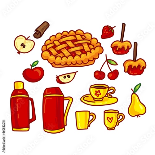 Cartoon colorful autumn apple picnic set. Bundle - apple pie, apple slice, caramel apples, pear, berries, cinnamon, cups and thermoses for kids. Vector illustration isolated on white background.