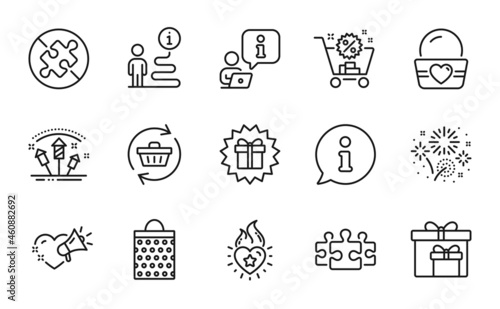 Holidays icons set. Included icon as Love message, Shopping bag, Shopping cart signs. Puzzle, Heart flame, Ice cream symbols. No puzzle, Delivery boxes, Fireworks. Refresh cart line icons. Vector