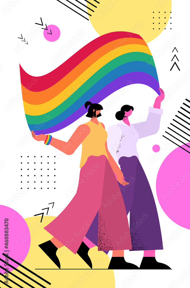 lesbian couple holding rainbow flag transgender love LGBT community concept full length vertical lesbian couple holding rainbow flag transgender love LGBT community concept full length vertical