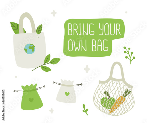 Reusable bags and cotton shopper set. Own bag eco friendly collection.