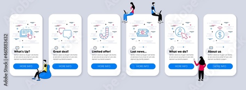 Business icons set. UI phone app screens with teamwork. Included icon as Copywriting notebook, User, Speech bubble signs. Technical documentation, Candy, Contactless payment line icons. Vector