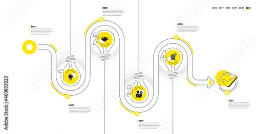 Business Infographic timeline with 4 steps. Lightbulb journey path infographics. Workflow process diagram with Idea, Deal handshake, Working employee and Goal target icons. Vector