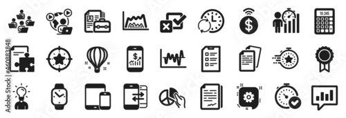 Set of Education icons, such as Analytical chat, Mobile finance, Checkbox icons. Calculator, Checklist, Teamwork signs. Strategy, Phone communication, Mobile devices. Fast verification . Vector