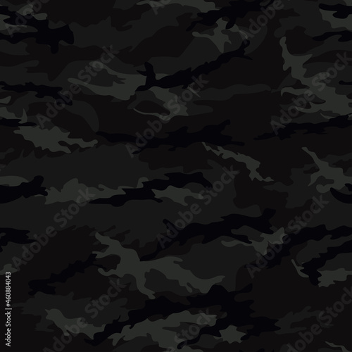 Camouflage black color vector pattern, clothing seamless background, shapes. Classic