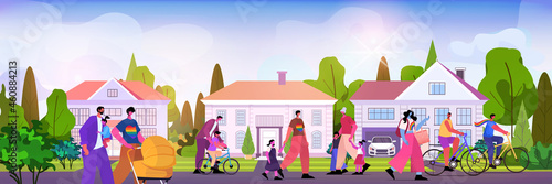 gay lesbian families walking with children transgender love LGBT community concept horizontal