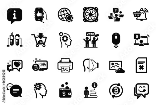 Vector Set of Technology icons related to Bitcoin system, Like app and Photo cloud icons. Notification cart, Face id and Online shopping signs. Globe, Voting campaign and Delete file. Vector