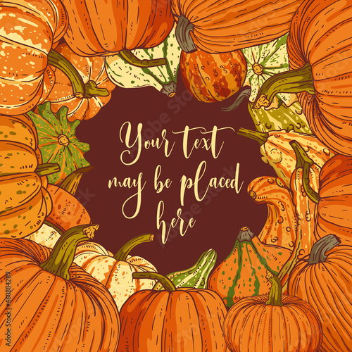 Pumpkin harvest composition with a text area