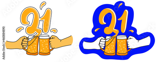Beer mug, hand drawn vector. Inscription twenty one. Cartoon style. Isolated over white background. Design for banner, poster, greeting cards, internet, party invitation, birthday, anniversary.