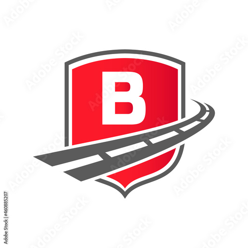 Transport Logo With Shield Concept On Letter B Concept. B Letter Transportation Road Logo Design Freight Template